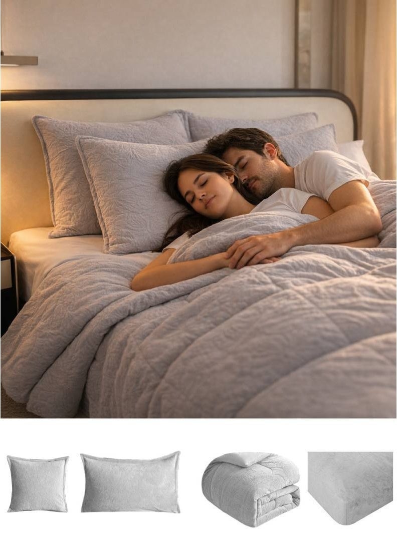 ODS Comforter Set 4-Piece (Comforter Included) – Soft Velvet Bedding Set with Fitted Sheet, Pillowcases & Cushion Cover, Warm but Breathable, Suitable for AC Rooms, Fits 120×200 cm Bed (170×230 cm) - Image 1